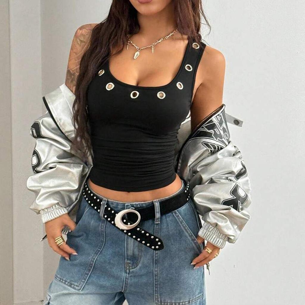 Women Sleeveless Square Neck Tank Top with Metal Eyelet Detail Fitted Casual Fashion Vest for Everyday Wear