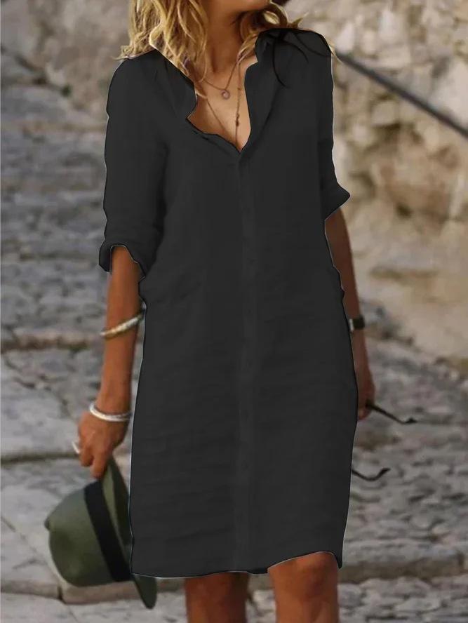 Loose Lapel Button Mid-Sleeve Solid Color Cotton Linen Shirt Dress