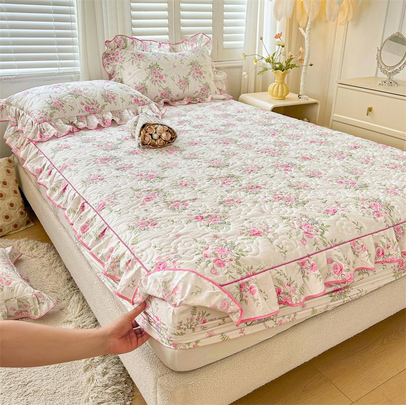 Skin-friendly Bedspread Simple Style Bed Cover Pure Cotton Mattress Protector Elastic Bed Linen cubre colchón (No Pillowcase)