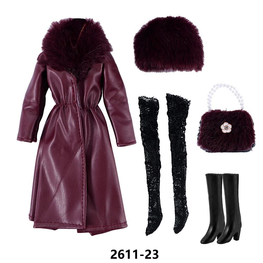 30cm Doll Clothes Fashion Luxury Fur Collar Waist Leather Trench Coat Jacket Pants Skirt Set For 1/6 Supermodel Doll Accessories