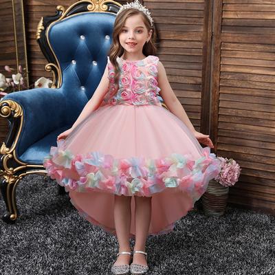 Vestidos de pasarela de flores de malla para niños, vestidos de princesa de cola para niños, disfraces de actuación para niños de tallas medianas y grandes