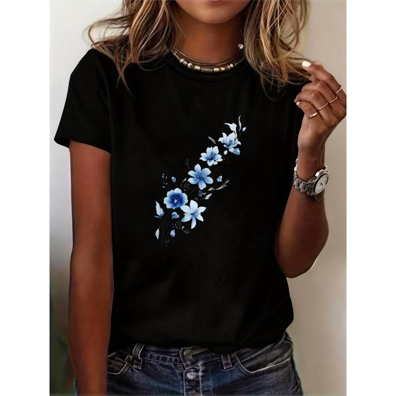 

Casual Daily Wear Women S T-Shirts Made of 100%, Featuring a Blue Floral Design, Lightweight And Breathable 4XL чорний