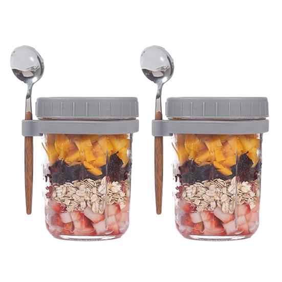 2 Pcs 350ML Oatmeal Cup Glass Overnight Oats Containers Airtight Breakfast Meal Prep Glass Container Yogurt Salad Cereal Jar with Lids and Spoons