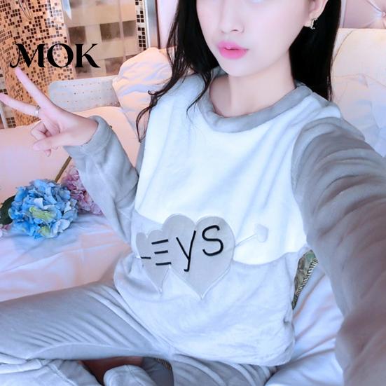 Home Wear Set 2Pcs/Set O-Neck Long Sleeves Pockets Elastic Waistband Loose Fit Flannel Pajamas Lounge Sleepwear Women Winter Heart Print Patchwork