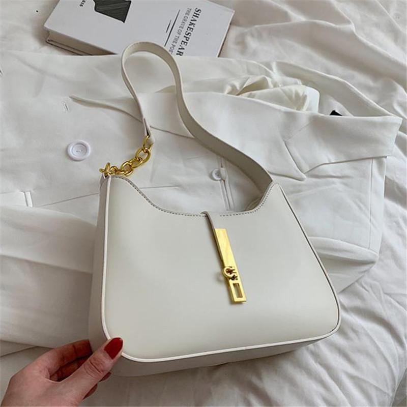 Elegant Solid Color Handbag Shoulder Bag with Golden Tone Clasp Design Versatile for Casual Commuter Wear All Match Armpit Bag