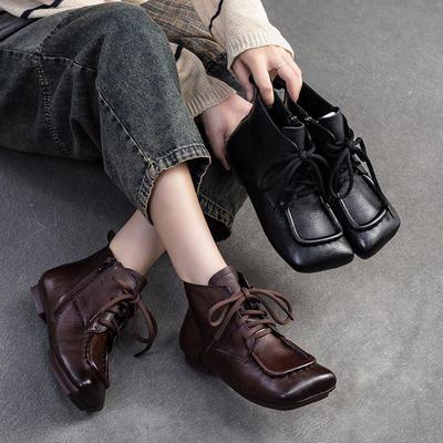Retro Genuine Leather Plush Short Boots Comfortable Commuting Square Toe Lace Up Women's Shoes