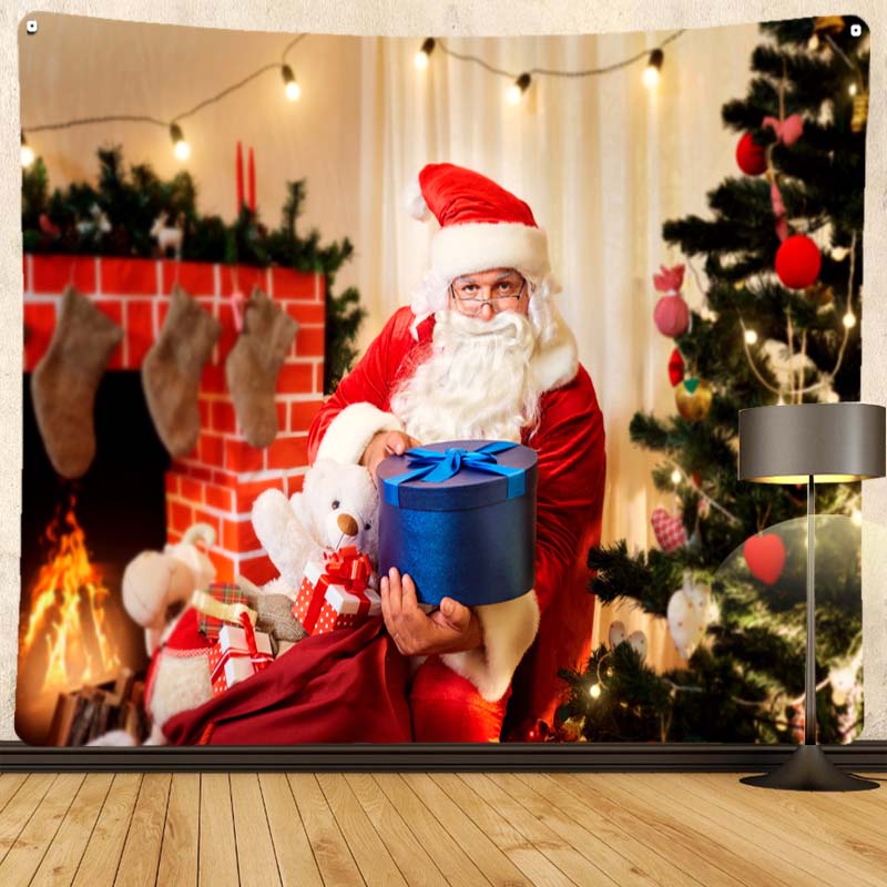 Merry Christmas Santa Claus Fireplace Print Pattern Tapestry Home Living Room Bedroom Decoration Background Cloth Tapestry
