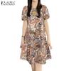 ZANZEA Women Casual Round Neck Short Sleeve Ethnic Print Loose Dress