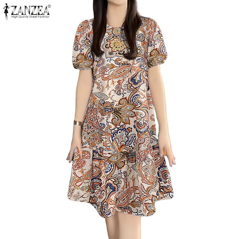 ZANZEA Women Casual Round Neck Short Sleeve Ethnic Print Loose Dress