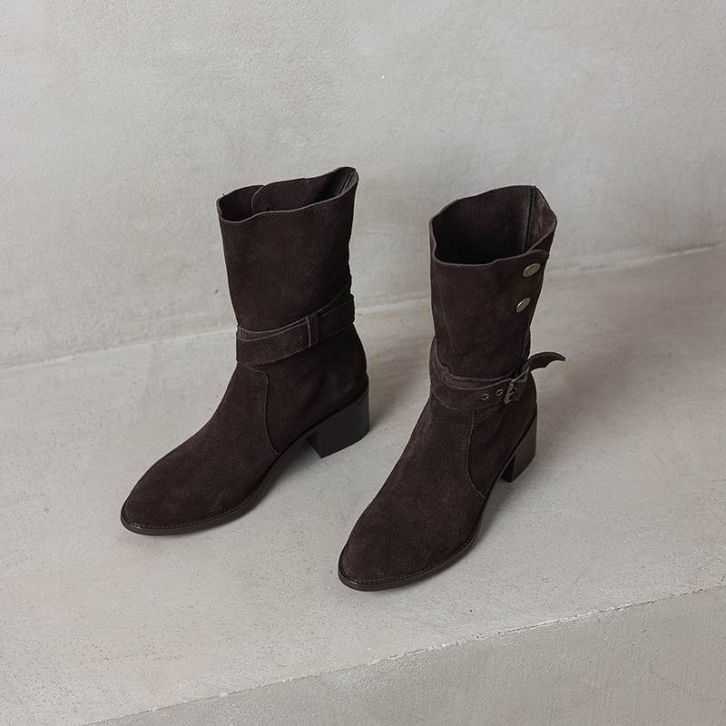 Krazing Pot Cow Suede Nubuck Winter Round Toe Modern Boots Med Heels Slip on Metal Rivets Women Mid-calf Boots