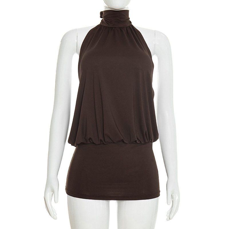 

J26Ds023 European and American Women s Fashion Summer New Solid Color Sleeveless Tie-Neck Halter Neck and Semi-Backless Short Dress Brown (Ready to Ship) S