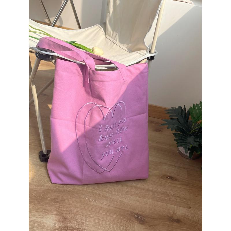 Korean Ins Style Canvas Bag Heart Embroidery Large Capacity Tote Bag For School And Commute Women's Shoulder Bag