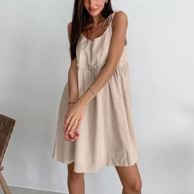 Sommer Leinenkleid Damen Elegant Spaghettiträger A-Linie Lockere Kleider Mode Raffiniert Schnürung Sexy Minikleider