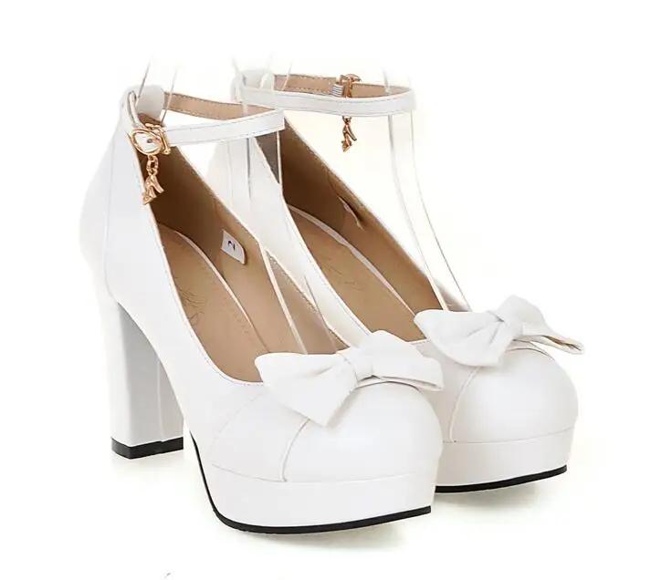 

Новые модные свадебные туфли женские туфли на высоком каблуке осенние элегантные туфли с бантом дизайнерские женские туфли-лодочки с круглым носком на платформе обувь Мэри Джейн 39 белый