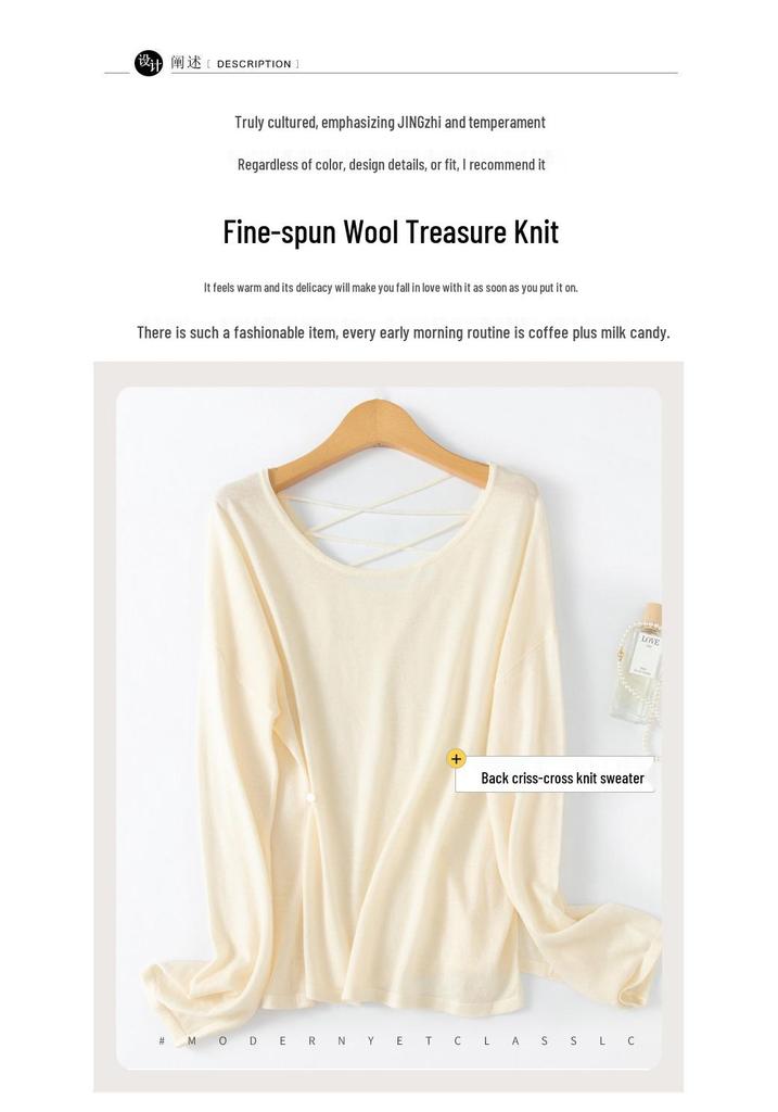 Women's Backless Knitted Pullover: Large, Round Neck, Long Sleeve, Oversized Wool Sweater