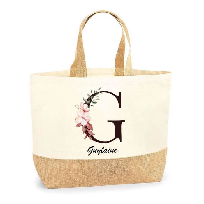 Tote bag en jute - PLANETEE - Guylaine Lettre Fleur - Multicolore - Jute naturel - Fabriqué en France