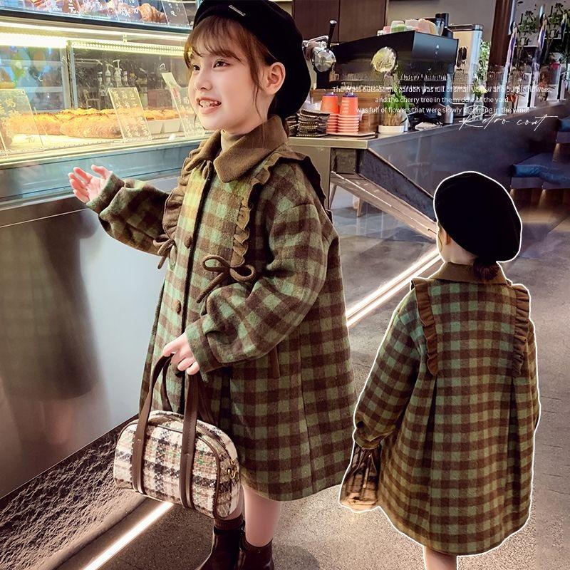 Girls' Vintage Woolen Coat, Autumn and Winter Children's Loose Checkered Princess Cotton-padded Woolen Overcoat