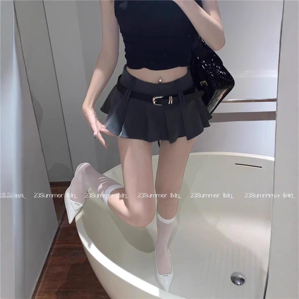 Gray Low Waist A-Line Pleated Midi Skirt for Women, Korean Style 2025 Summer Fashion, Versatile and Slimming Mini Skirt.
