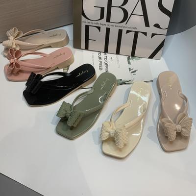 Schleifen-Flip-Flops Damen Sommer neue Mode Trend Mode flacher Boden eckiger Kopf Zehensteg Strandschuhe
