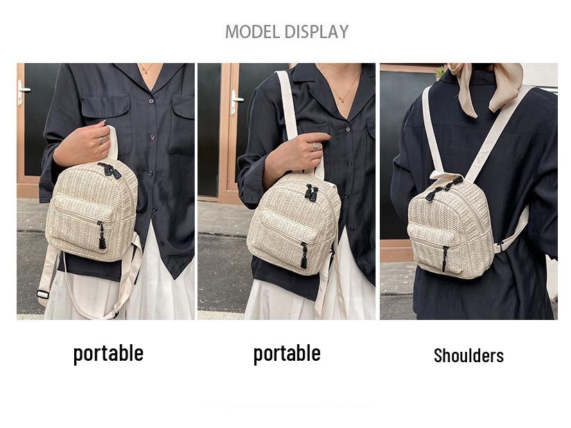 Ethnic Style Double-Layer Zipper Straw Backpack