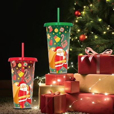8PCS Natal Novo Copos Sensíveis ao Frio que Mudam de Cor Grande Capacidade Pai Natal Copos de Palha de Duas Peças que Mudam de Cor