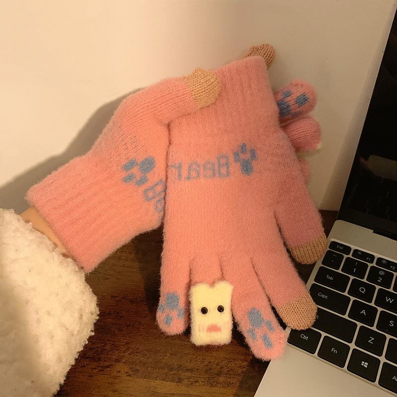 Cute Touch Screen Knitted Warm Gloves for Women In Winter Plus Velvet Thickening for Students Riding In Winter New Cold and Windproof