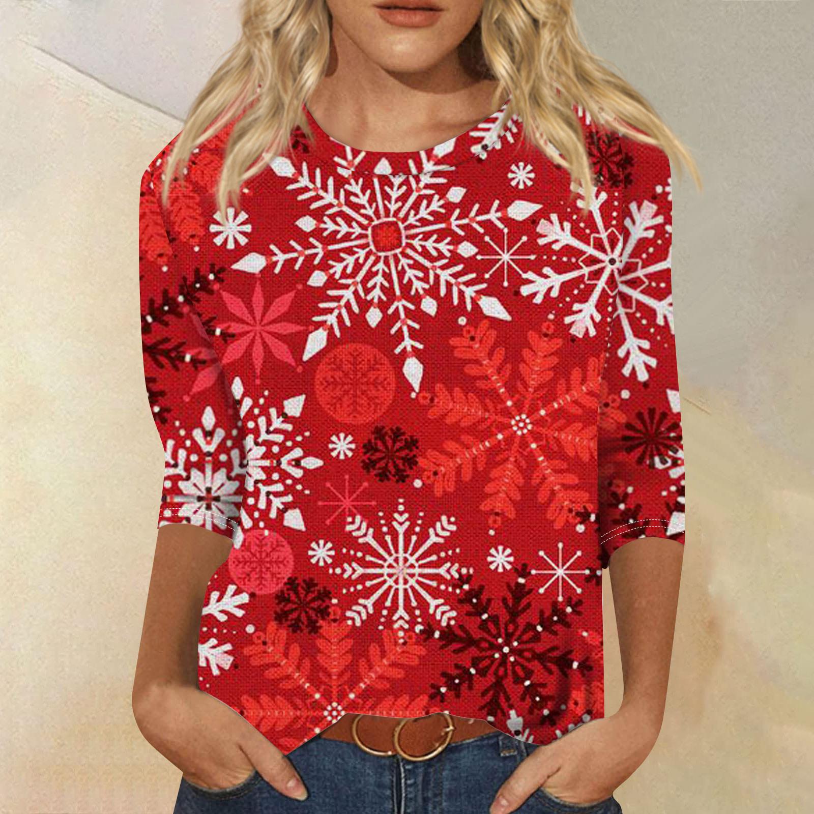 

Жіночий модний повсякденний різдвяний топ із сімома рукавами та круглим вирізом XXXXL винний