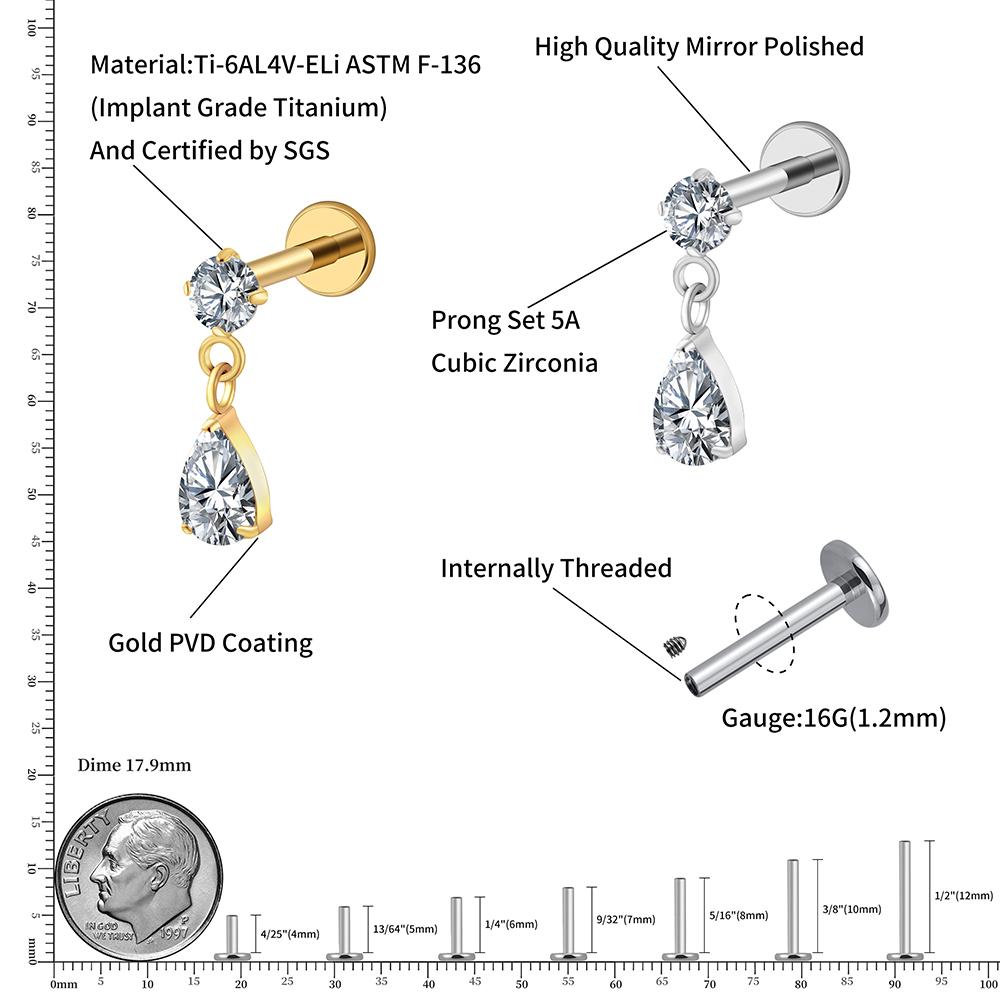 Right Grand ASTM F136 Titanium 16G Teardrop Dangle CZ Labret Stud Waterdrop Tragus Cartilage Earring Flatback Helix Piercing