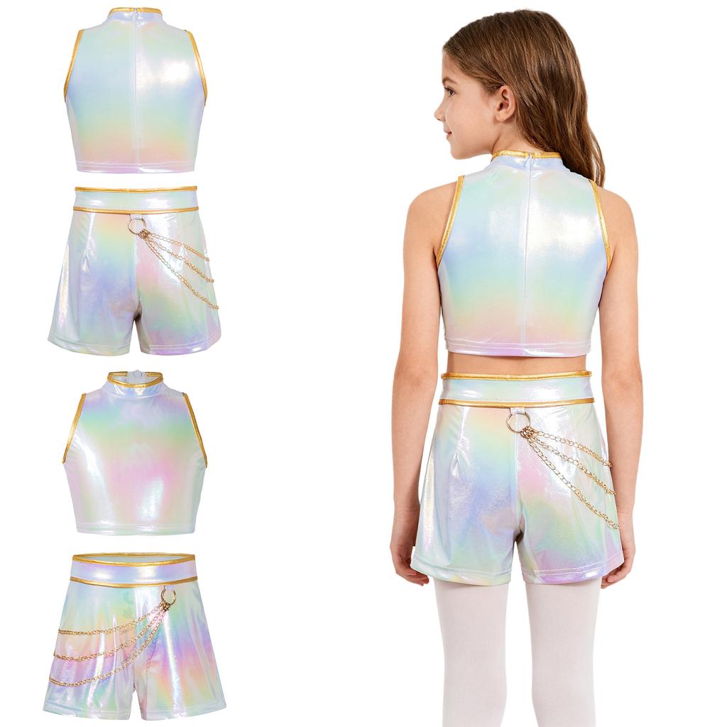 Barn Jenter Hunter Sanger Kostyme Metallisk Glans Ermeløs Tanktopp Belte Midjekjede Shorts Halloween Cosplay Party Fancy Antrekk