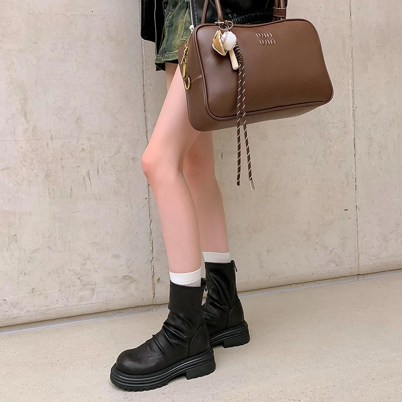 Martin Boots Women's Autumn and Winter Velvet Inner Heightening Fold Elastic Thin Boots Rear Zipper Versatile Thin Short Boots