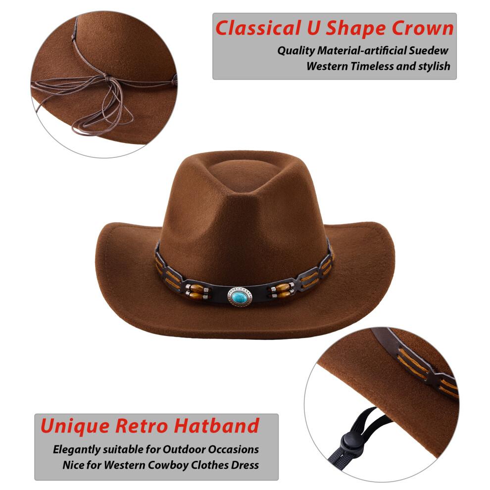 (One Size, Coffee) Western Cowboy Hat for Women Men Bohemian Cowgirl Hat with Beads Trim Outdoor Sun Hat