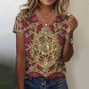 2024 Summer Breathable Comfortable Vintage 3D Floral Print V Neck Shirt Daily Home Short Sleeve T-Shirt Plus Size Women's Tops