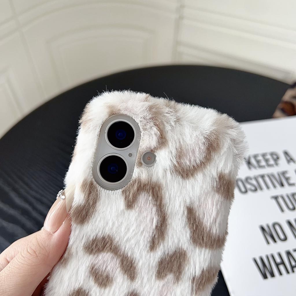 For iPhone 17 Case Leopard Pattern Fluffy Plush TPU Phone Cover
