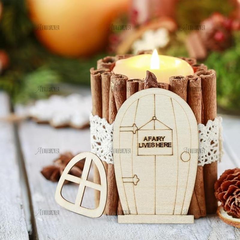 10pcs Fairy Door Miniature Wooden Garden Doors Windows Unfinished Window Mini House DIY Craft for Wall Home Party Decoration