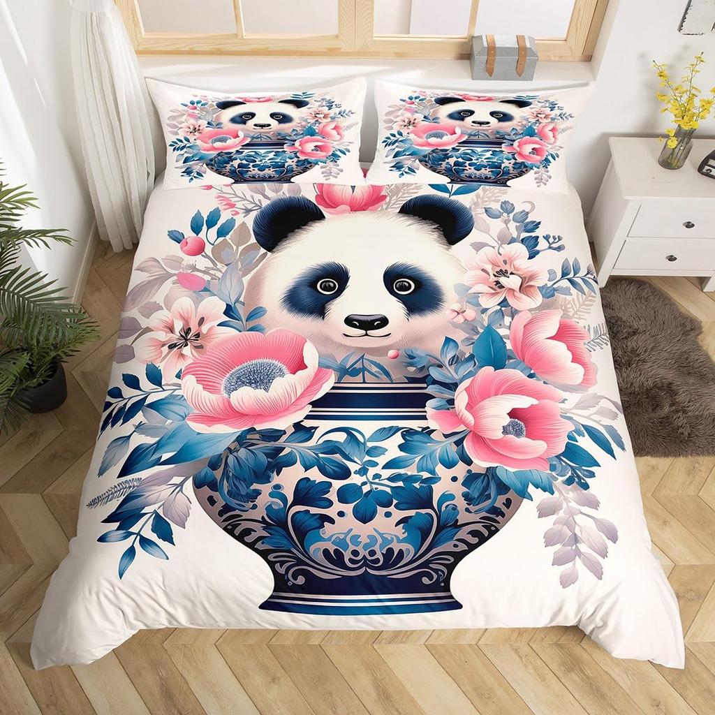 Cute Panda Duvet Cover Set Twin Queen Cartoon Wild Animal Bedding Set Minimalism Hand Drawn Comforter Cover Kawaii Room Decor