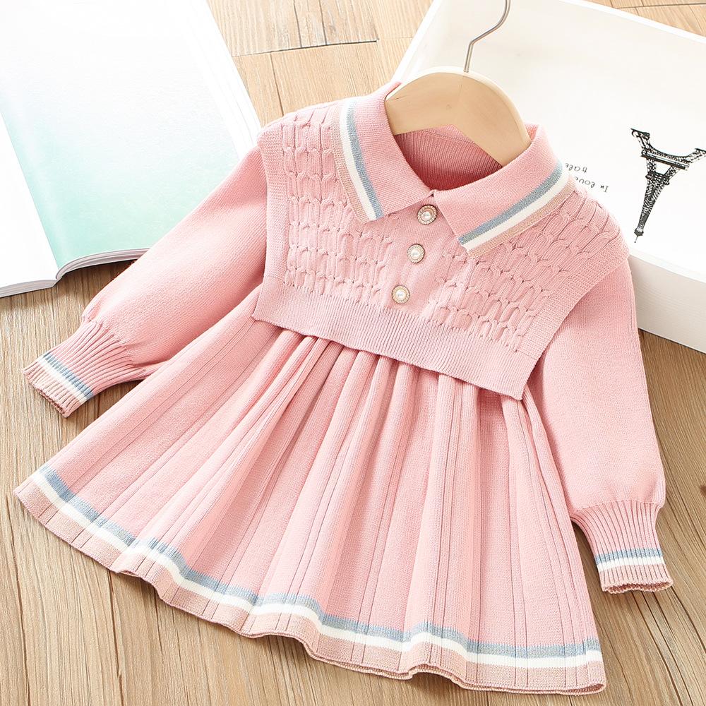 Autumn Winter Girls Sweater Long Sleeve Dress Vest Stripe Party Girl Baby Knitted Wool Dress Casual Vestidos