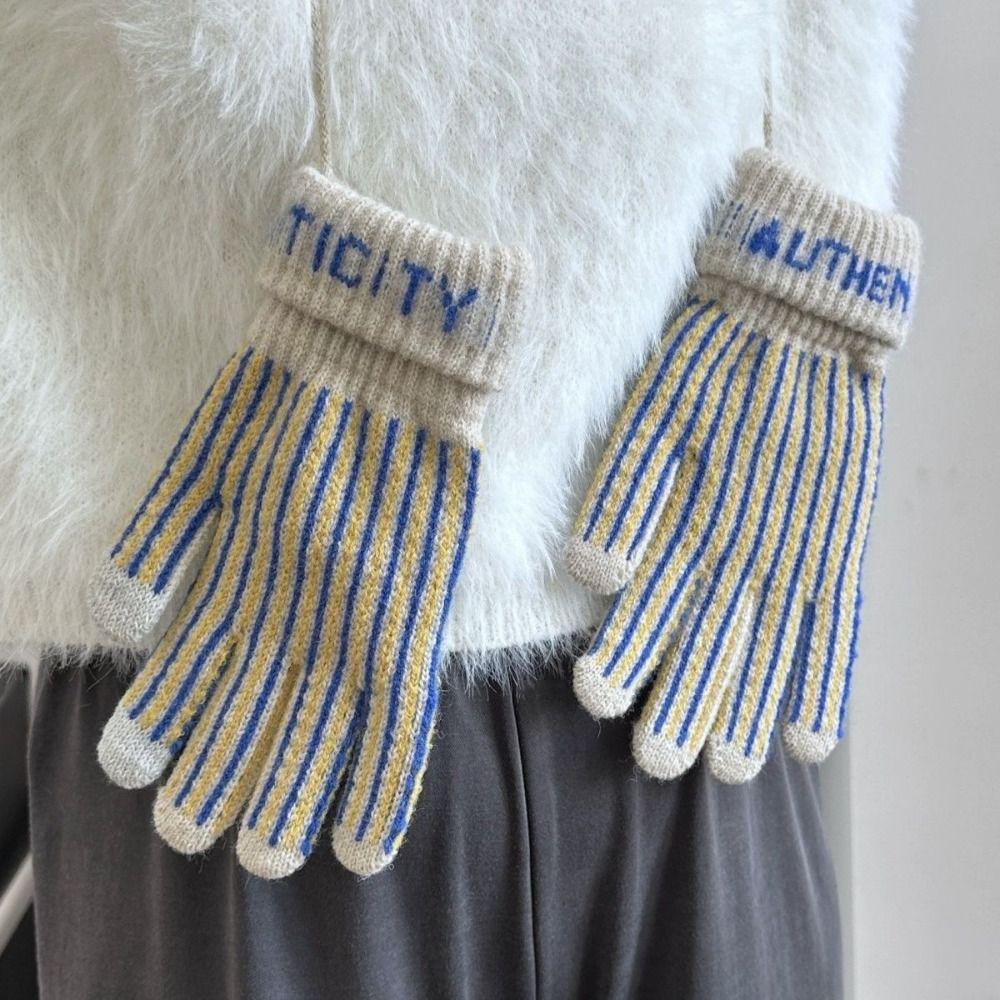 Thickened Striped Gloves Wool Winter Velvet Mittens Retro Knitted Gloves Outdoor