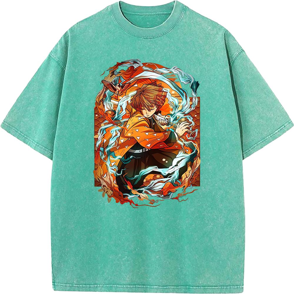 Agatsuma Zenitsu Graphic Washed T-shirt Demon Slayer Anime Clothing Men Women Cotton Tshirts Oversized Retro T Shirt Male Tops