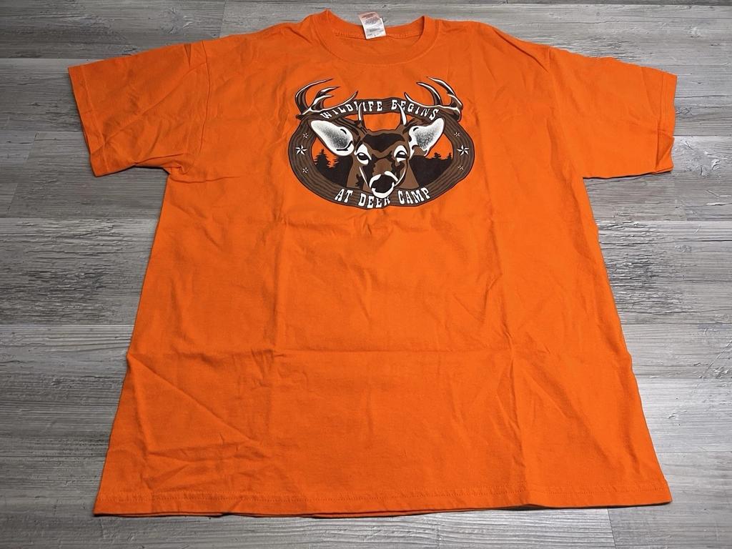 Vintage Jagd T-Shirt Rothirsch Camp Wildtiere Größe XL Orange Kurzarm Tee