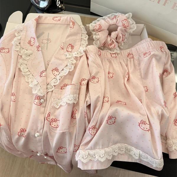 

Korean version of premium pink polka dot Hello Kitty pajamas women s summer lace short-sleeved shorts set loungewear S