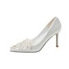 Fashion White Wedding Shoes for Bride Pointed Toe High Heels Rhinestone Pearl French Satin Bridal Party Shoes