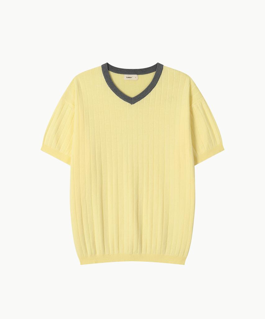 Leondi Solid Rim V-Neck Short Sleeve Knit - Yellow