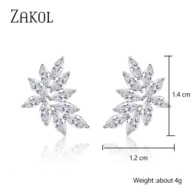 ZAKOL Fashion Sliver Color Leaf Cubic Zircon Stud Earrings for Women Shinny Crystal Flower Earring Zircon