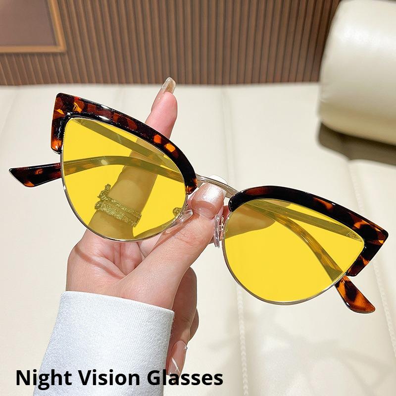 Metal Half-Frame Night Vision Anti-Blue Light Glasses Orange & Red Lenses Unisex Fashion Cat-Eye Gaming Eye Protection Glasses