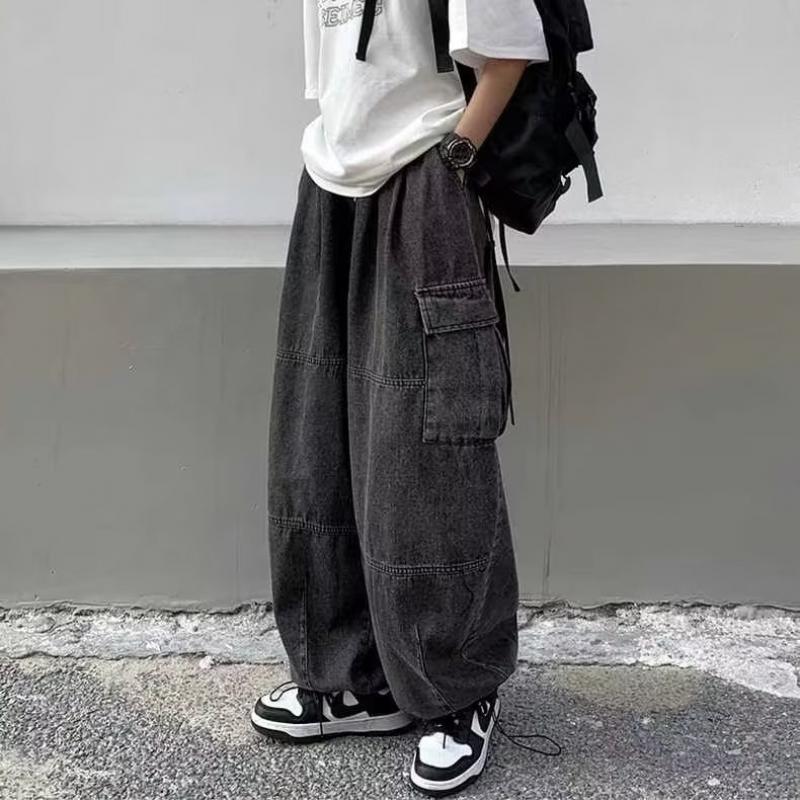 Spring Autumn Men Baggy Jeans Men Wide Leg Pants Multiple Pockets Elastic Waist Streetwear Trousers Male Loose Denim Pants Versatile Lantern Pants