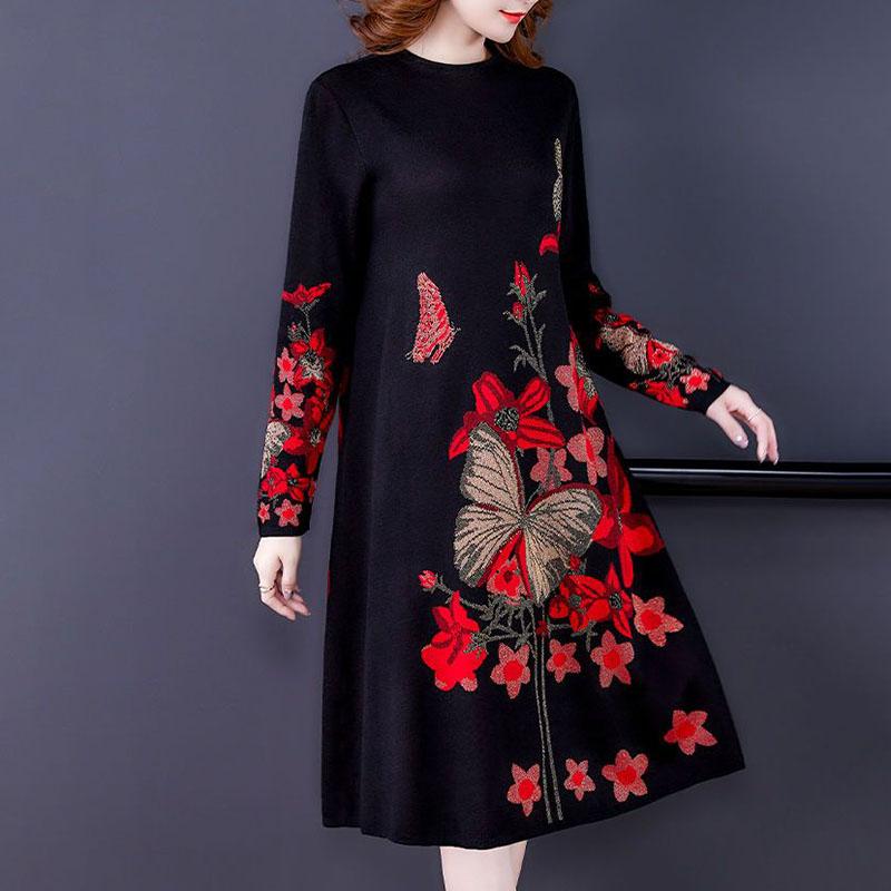 

Осенне-зимний женский свитер с принтом, длинный выше колена, трикотажное платье больших размеров, свободный свитер А-силуэта M красный