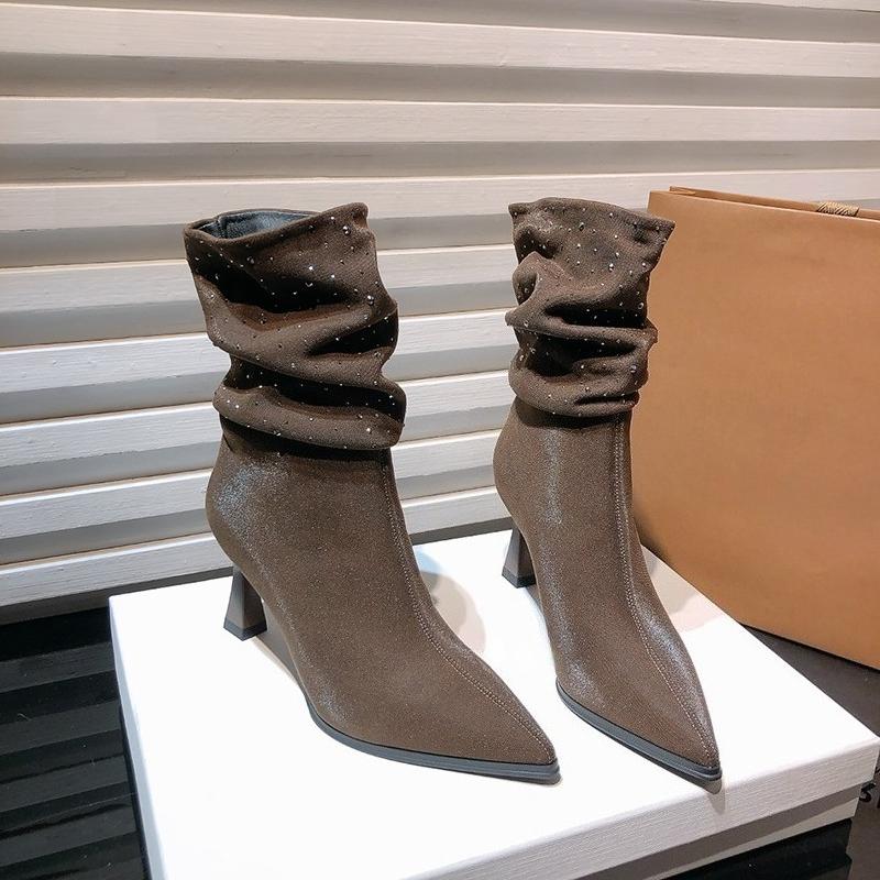 Fashion Autumn Winter Crystal Woman High Heel Ankle Boots Shoes Fashion Pointed Toe Slip On Shoes Ladies Modern Short Botas Para Mujer
