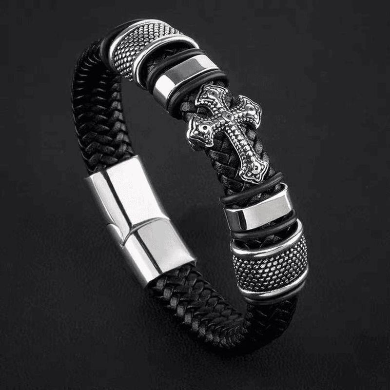 

Модный черный браслет из ПУ для мужчин, браслет в стиле хипстер-панк, хэви-метал, с крестом, плетеный, классный, модный, персонализированный браслет Silver length 18.5cm(Suitable for 15-16.5cm wrist)
