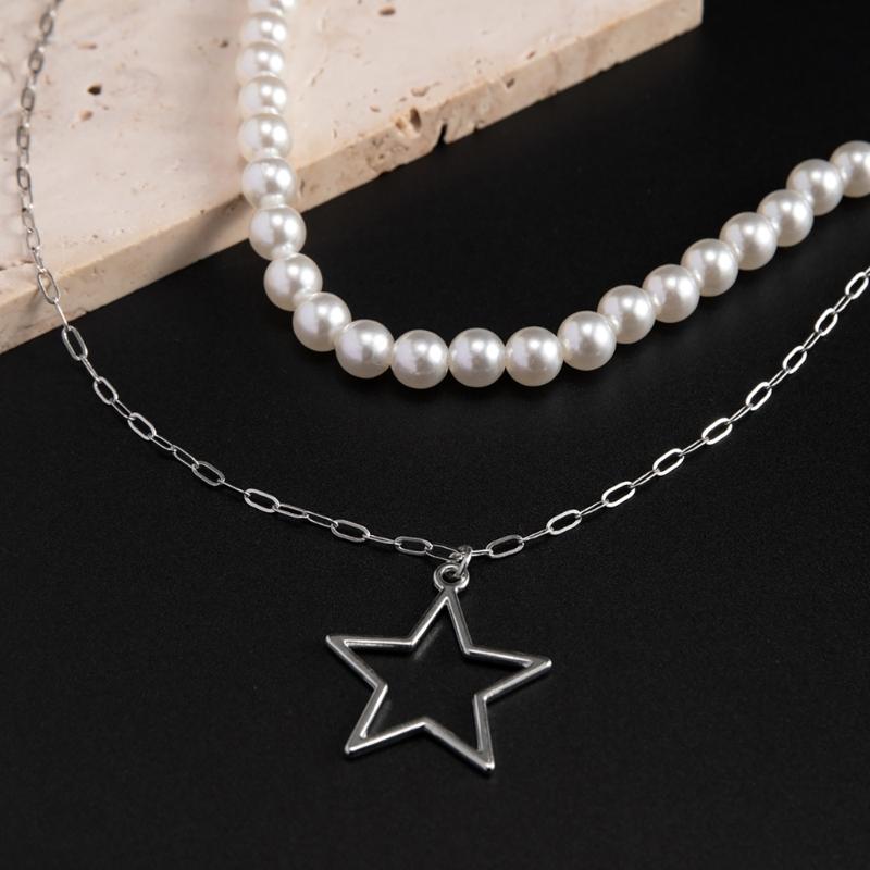 Bolt/Star Pendant Choker Layered Necklace Imitation Pearls Bead Neckchain for Women Girls Fashionable Jewelry Gift
