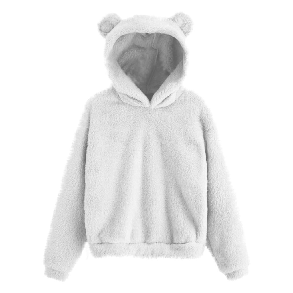 Women's Long Sleeve Fleece Sweatshirt Warm Bear Shape Fuzzy Hoodie Pullover